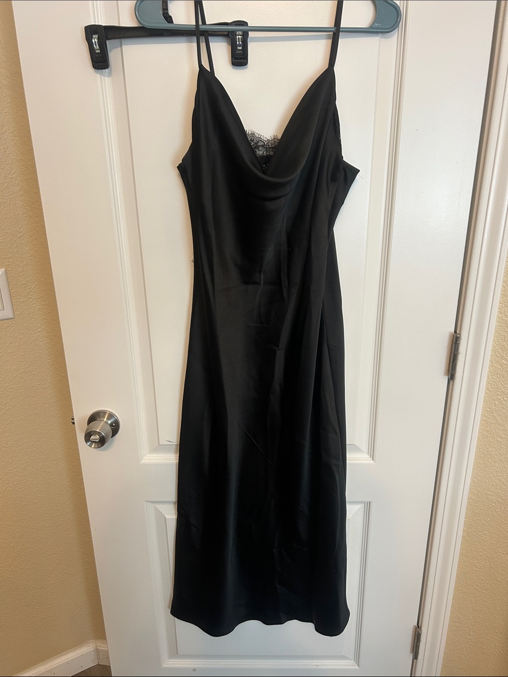 Black Satin Slip Dress with Lace Trim